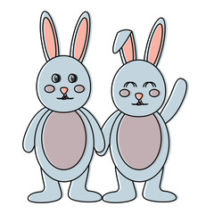 little beautiful bunnies holding hands friendly vector illustration