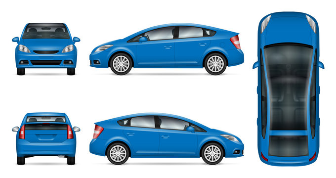 Blue car vector mock up for advertising, corporate identity. Isolated template of the car on white background. Vehicle branding mockup. Easy to edit and recolor. View from side, front, back, top.