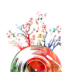 Colorful music poster with vinyl record and trees. Music elements for card, poster, invitation. Music background design vector illustration