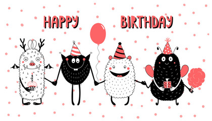 Hand drawn birthday card with cute funny monsters in party hats, smiling and holding hands, with typography. Vector illustration. Isolated objects. Design concept for children, birthday celebration. © Maria Skrigan