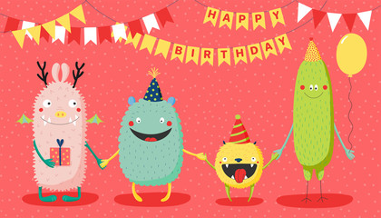 Hand drawn birthday card with cute funny monsters in party hats, smiling and holding hands, with typography. Vector illustration. Isolated objects. Design concept for children, birthday celebration.