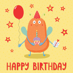 Hand drawn birthday card with cute funny monster in a party hat, holding present, balloon, cupcake, with text. Vector illustration. Isolated objects. Design concept children, birthday celebration