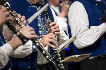 Fototapeta premium detail of playing clarinets, brass orchestra