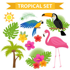 Tropical icon set with birds and flowers, flat, cartoon style. Exotic collection of design elements with toucan, parrot, plant, flamingo, flower. Paradise objects. Vector illustration
