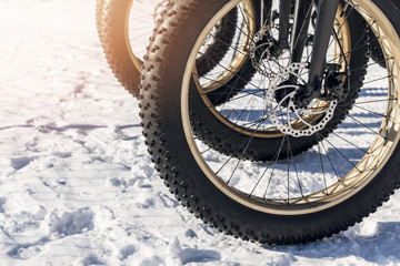 close up of fatbike tires in the snow