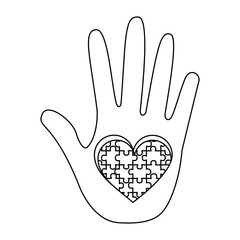 hand with puzzle heart autism symbol vector illustration outline design