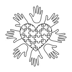 puzzle heart hands support autism awareness vector illustration outline design