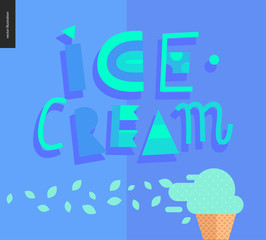 Love spring ice cream lettering and ice cream cone on the blue pattern