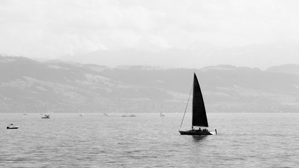 Small Yacht sailing on the Bodensee, Germany in monochrome