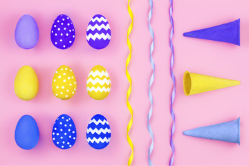 Happy Easter concept. Blue, violet and yellow eggs lying in line, pattern with waffle cones and colorful ribbon on pink background
