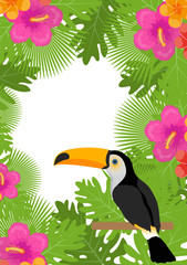 Tropical frame with flowers, plants and bird toucan. Summer floral template for your design. Exotic background. Vector illustration
