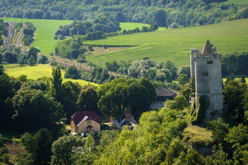 Overview of an old castle tower in Bad Kösen, Germany on a sunny day