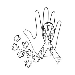 hand puzzle pieces and ribbon autism concept vector illustration