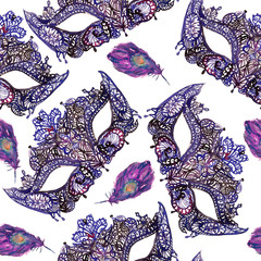 Carnival mask from black lace with rhinestones and purple peacock feathers, white background, seamless pattern design, hand painted watercolor illustration
