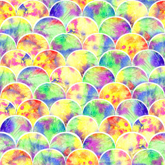 Bright scales shapes abstract grunge colorful splashes texture watercolor seamless pattern design in yellow color palette with red, green and blue accents