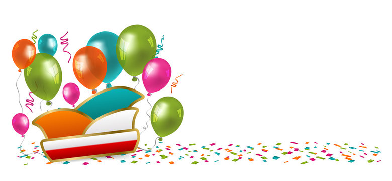 Karneval Narrenkappe mit Luftballons, Luftschlangen und Konfetti.