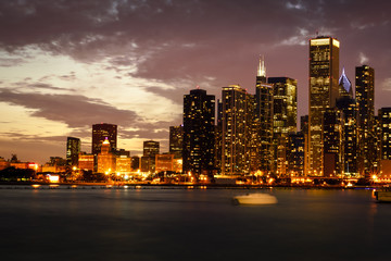 Chicago skyline in an August sunset in warm tones