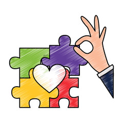 hand complete a jigsaw puzzle heart vector illustration drawing color design