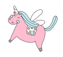 Cute pink unicorn in simple style. Vector illustration, isolated on white background.