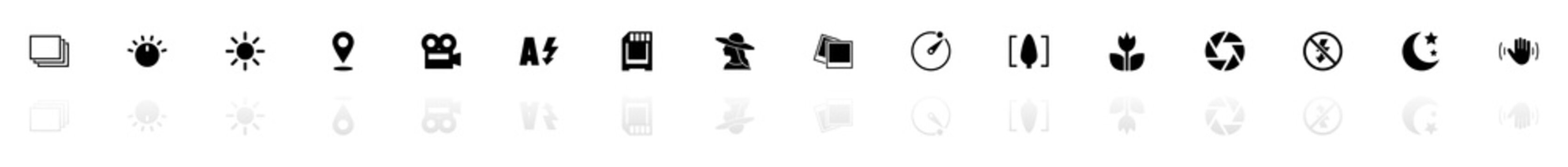 Photo Mode icons - Black horizontal Illustration symbol on White Background with a mirror Shadow reflection. Flat Vector Icon.