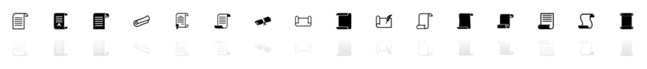 Scrolls and Papers icons - Black horizontal Illustration symbol on White Background with a mirror Shadow reflection. Flat Vector Icon.