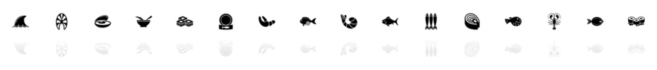 Sea Food icons - Black horizontal Illustration symbol on White Background with a mirror Shadow reflection. Flat Vector Icon.