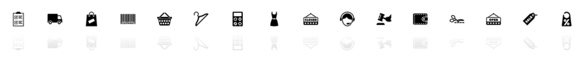 Shopping icons - Black horizontal Illustration symbol on White Background with a mirror Shadow reflection. Flat Vector Icon.