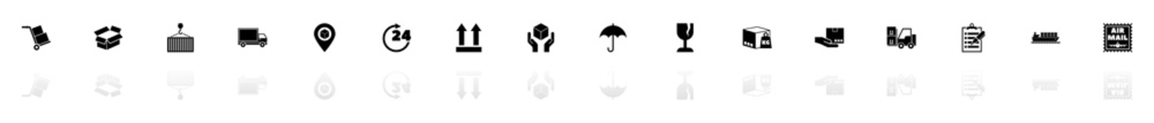 Logistics icons - Black horizontal Illustration symbol on White Background with a mirror Shadow reflection. Flat Vector Icon.
