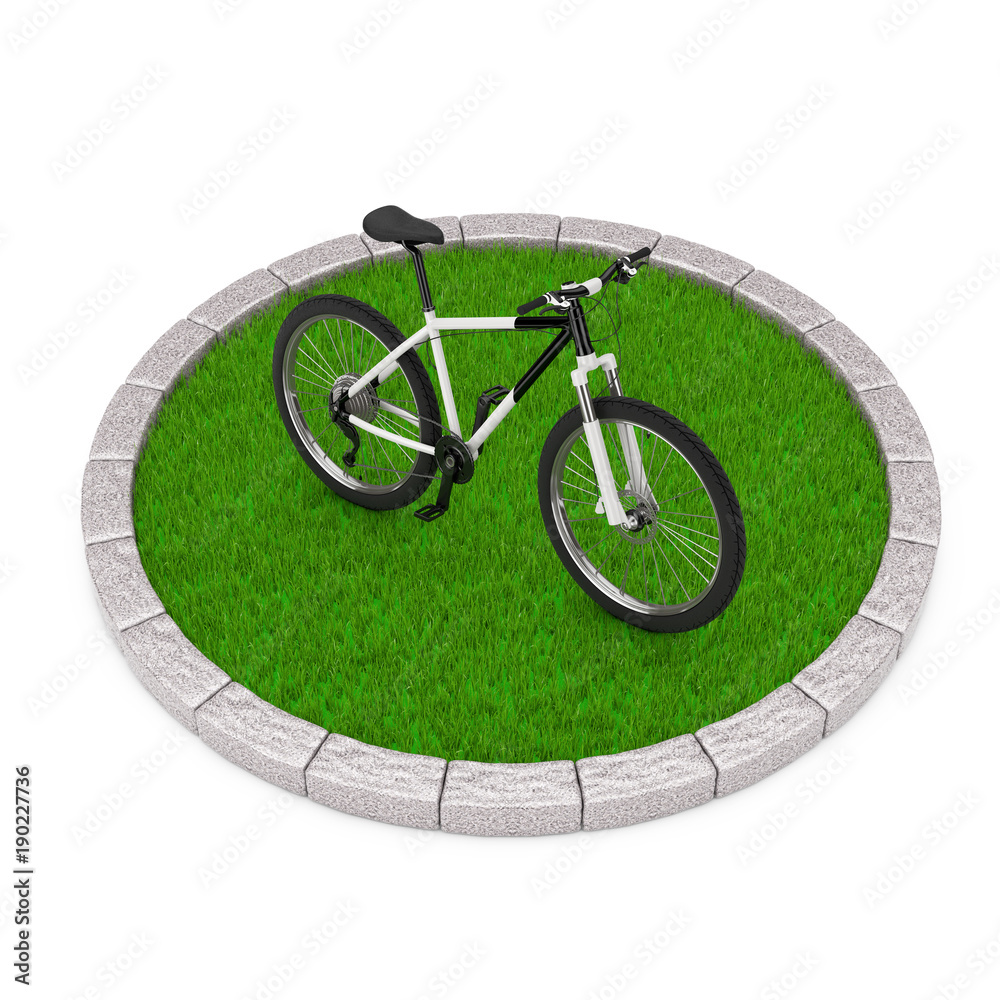 Poster black and white mountain bike over round plot of dense green grass. 3d rendering