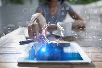 Internet, Business and technology concept. Icons, diagrams and graphs background on virtual screen.