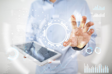 Internet, Business and technology concept. Icons, diagrams and graphs background on virtual screen.