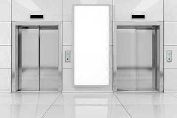 Blank Ad Billboard or Poster near Modern Elevator or Lift with Metal Doors in Office Building. 3d Rendering © doomu