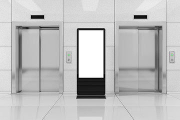 Blank Trade Show LCD Screen Stand as Template for Your Design near Modern Elevator or Lift with Metal Doors in Office Building. 3d Rendering © doomu