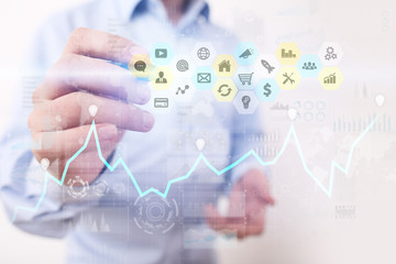 Colored applications icons and graphs on virtual screen. Business, internet and technology concept.