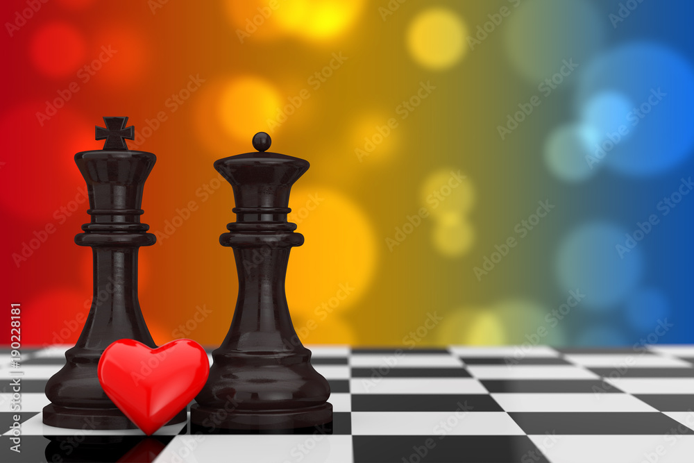 Aufkleber love concept. chess king and queen figures with red heart over chessboard. 3d rendering