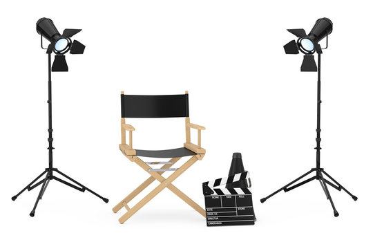 Cinema Industry Concept. Director Chair, Movie Clapper and  Spotlights. 3d Rendering