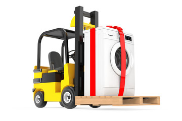 Forklift Truck moves Modern Washing Machine with Ribbon and Bow as Gift. 3d Rendering