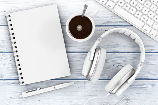 Office Supplies. Top View of Opened Notebook, Pen, Keyboard, Headphones and Cup of Coffee. 3d Rendering
