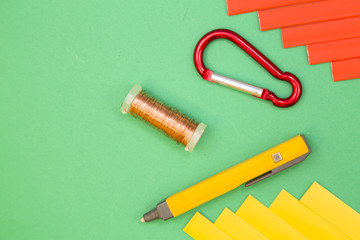 Home, House Repair, Redecorating, Renovating Concept. Set of tools for repair on green background with copy space, top view, flat lay