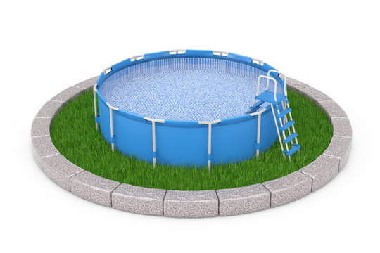 Blue Portable Outdoor Round Swimming Water Pool with Ladder over Round Plot of Dense Green Grass. 3d Rendering