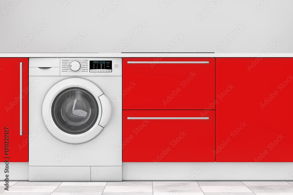 Poster red modern kitchen with build-in washing machine. 3d rendering