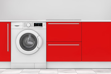 Red Modern Kitchen with Build-In Washing Machine. 3d Rendering