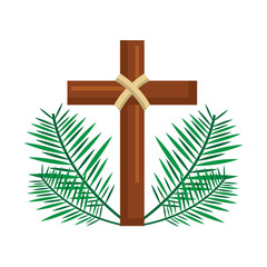 sacred cross religious with frond branches vector illustration