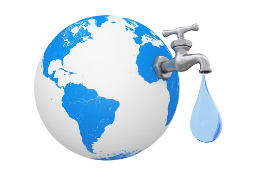 Earth Globe with Water Tap and Water Drop. 3d Rendering