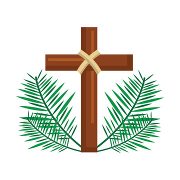 sacred cross religious with frond branches vector illustration
