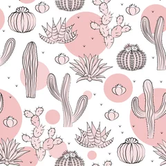 Foto auf Leinwand Seamless pattern with cactus. Wild cactus forest with doodle circles. Stylish pink, black, and white palette. Vector © Toltemara