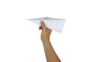 Hands of businessman catch white paper plane isolated on white background.