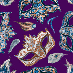 Blue and white carnival mask with golden decoration and gemstones,  feathers on dark purple background, seamless pattern design, hand painted watercolor illustration