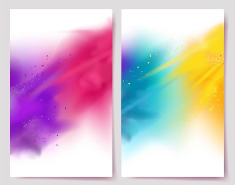 Realistic Colorful Paint Powder Explosions On White Background. Happy Holi Abstract Designs. Vector Illustration