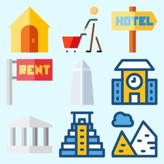 Icons set about Construction with real estate, school, hotel, shopping, washington monument and for rent